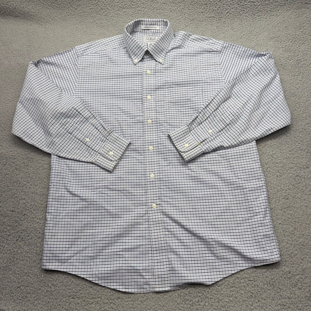 L.L.Bean DBK7 Mens 16.5-34 Blue Plaid Button Down Wrinkle Resistant Dress Shirt